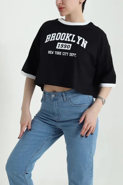Siyah Baskılı Kompak Kadın Crop 455151