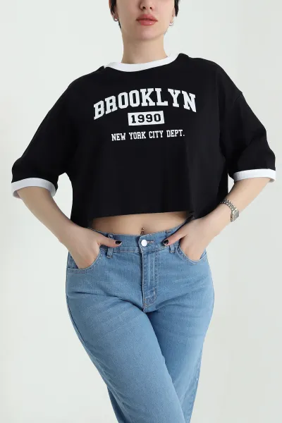 Siyah Baskılı Kompak Kadın Crop 455151