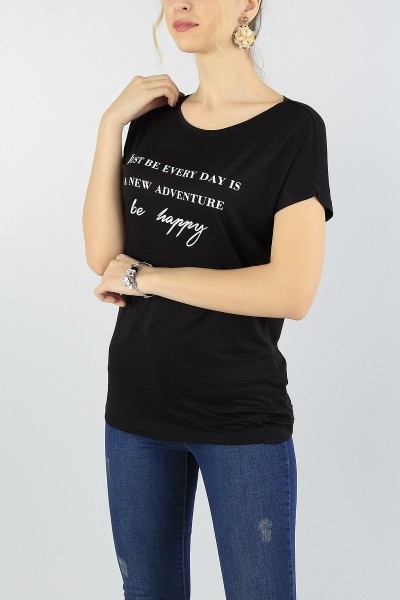 Siyah Baskılı Likralı Bayan Tişört 55705