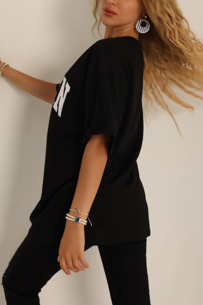 Siyah Baskılı Nakışlı Oversize Tişört 192585