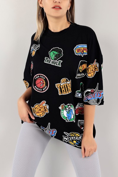 Siyah Baskılı Oversize Bayan Tişört 117231