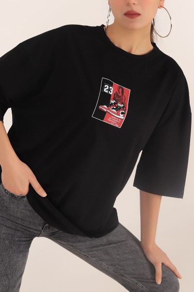 Siyah Baskılı Oversize Bayan Tişört 169870