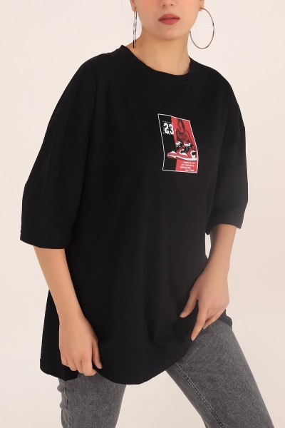 Siyah Baskılı Oversize Bayan Tişört 169870