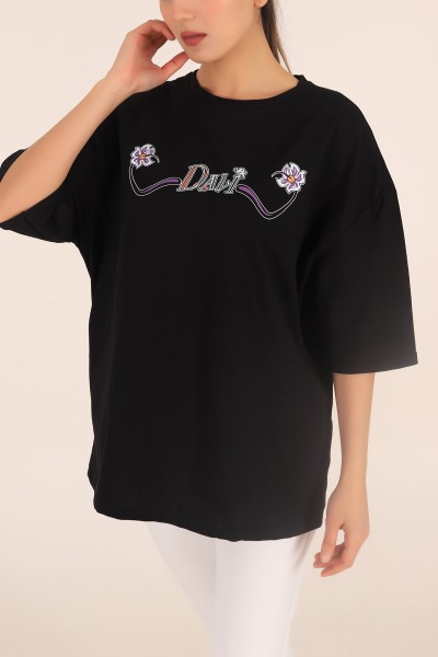 Siyah Baskılı Oversize Bayan Tişört 169874