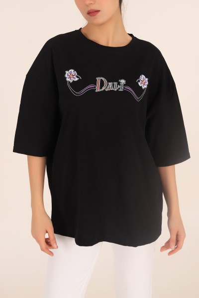 Siyah Baskılı Oversize Bayan Tişört 169874