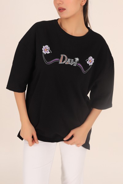 Siyah Baskılı Oversize Bayan Tişört 169874