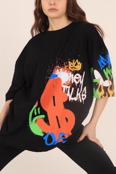 Siyah Baskılı Oversize Bayan Tişört 169876