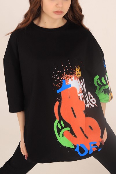 Siyah Baskılı Oversize Bayan Tişört 169876