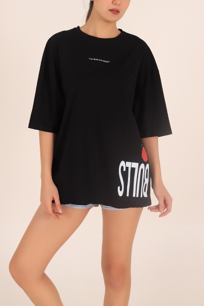 Siyah Baskılı Oversize Bayan Tişört 169909