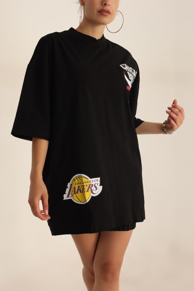 Siyah Baskılı Oversize Bayan Tişört 193717