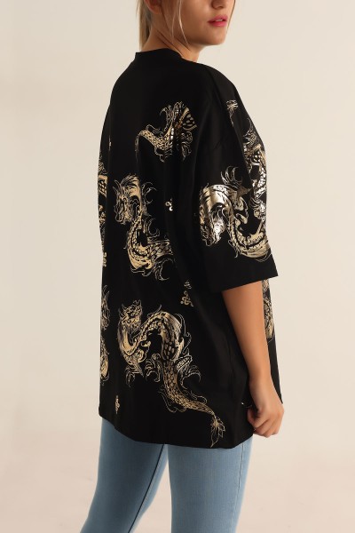 Siyah Baskılı Oversize Bayan Tişört 193718