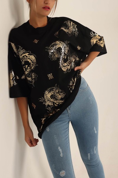 Siyah Baskılı Oversize Bayan Tişört 193718