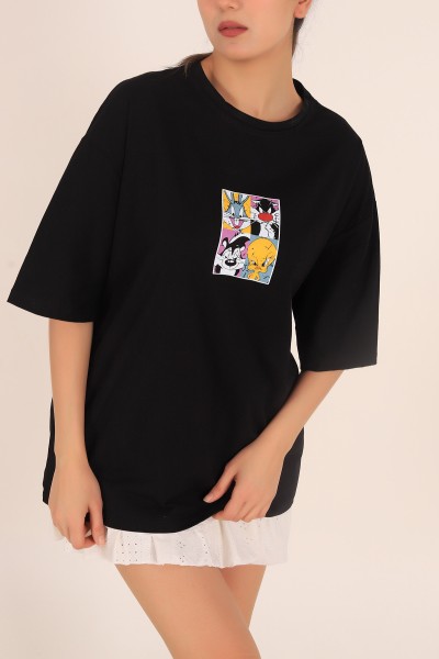 Siyah Baskılı Oversize Tişört 169880