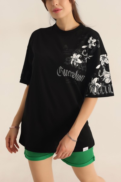 Siyah Baskılı Oversize Tişört 184605