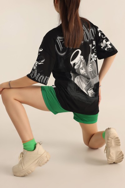 Siyah Baskılı Oversize Tişört 184605