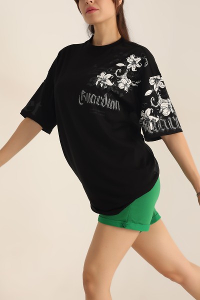 Siyah Baskılı Oversize Tişört 184605