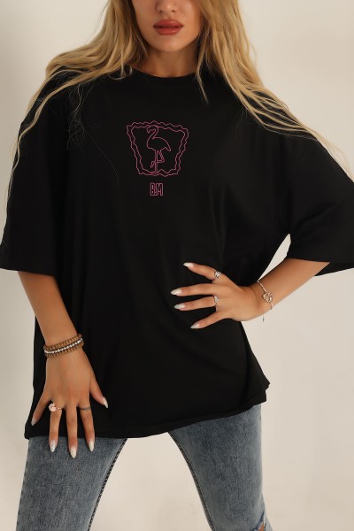 Siyah Baskılı Oversize Tişört 193578