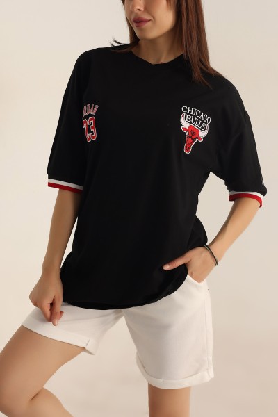 Siyah Baskılı Oversize Tişört 193630