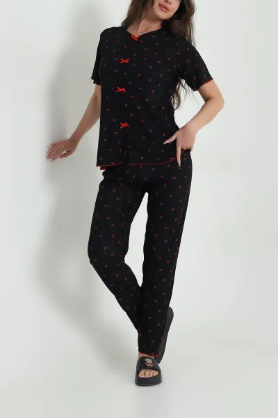 Siyah Baskılı Pointel Kadın Pijama Takımı 463560