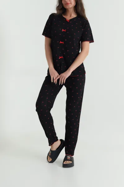 Siyah Baskılı Pointel Kadın Pijama Takımı 463560