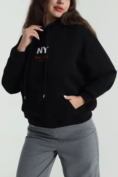 Siyah Baskılı Şardonlu Üç İp Kadın Sweat 485032