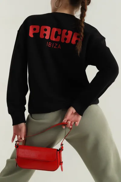 Siyah Baskılı Üç İp Kadın Sweat 396364