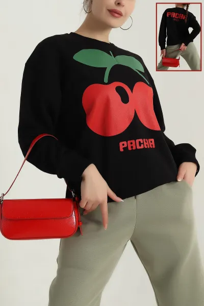 Siyah Baskılı Üç İp Kadın Sweat 396364