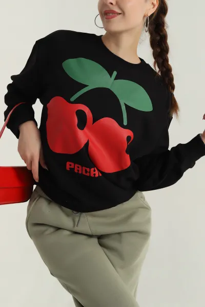 Siyah Baskılı Üç İp Kadın Sweat 396364