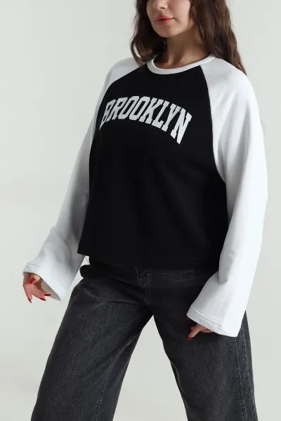 Siyah Baskılı Üç İp Kadın Sweat 496369
