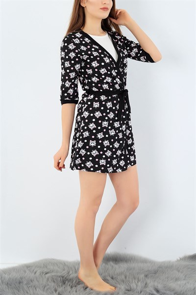 Siyah Baskılı Üçlü Sabahlık Pijama Takımı 27396B