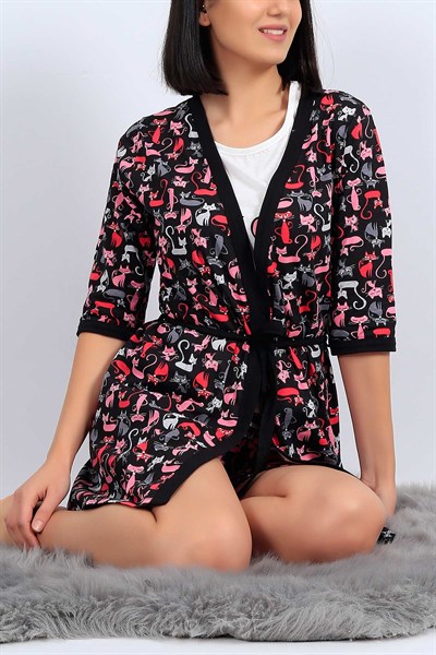 Siyah Baskılı Üçlü Sabahlık Pijama Takımı 26932B