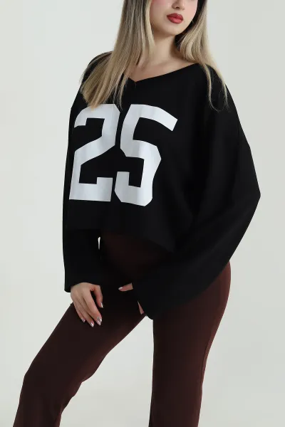 Siyah Baskılı V Yaka Vortex Kadın Bluz 487894