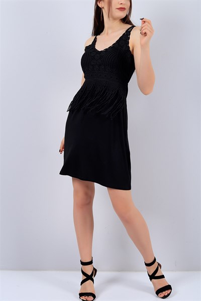 Siyah Bayan V Yaka Dantel Detay Elbise 15102B