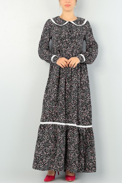 Siyah Bebe Yaka Dantel Detay Dokuma Elbise 66052