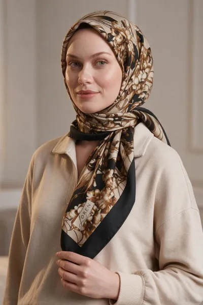 Siyah - Bej 90x90 Cm Dijital Baskılı Edenia Desen Soft Eşarp 498553