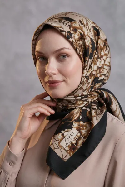 Siyah - Bej 90x90 Cm Dijital Baskılı Edenia Desen Soft Eşarp 498553