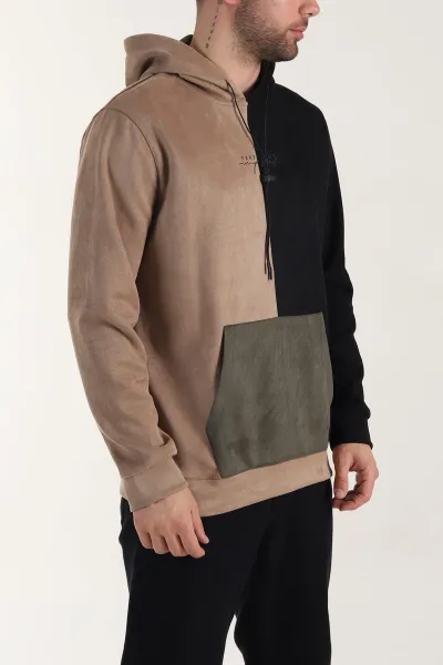Siyah Bej Kapüşonlu Yazı Detaylı Cepli Erkek Sweatshirt 413638
