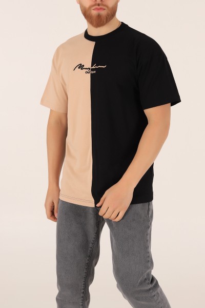 Siyah Bej  Oversize Nakışlı  Erkek Tişört 169655