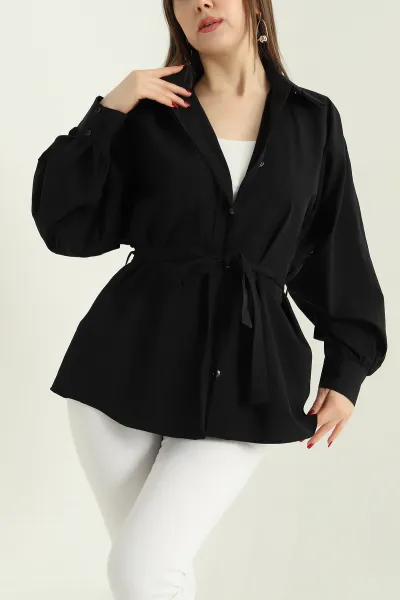 Siyah Bel Bağlamalı Oversize Poplin Tunik Gömlek 336941