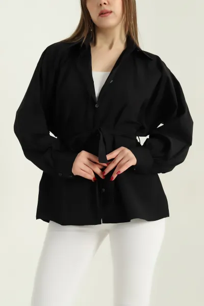 Siyah Bel Bağlamalı Oversize Poplin Tunik Gömlek 336941