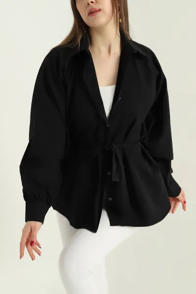 Siyah Bel Bağlamalı Oversize Poplin Tunik Gömlek 336941