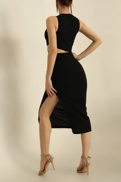 Siyah Bel Dekolte Crep Elbise 254722