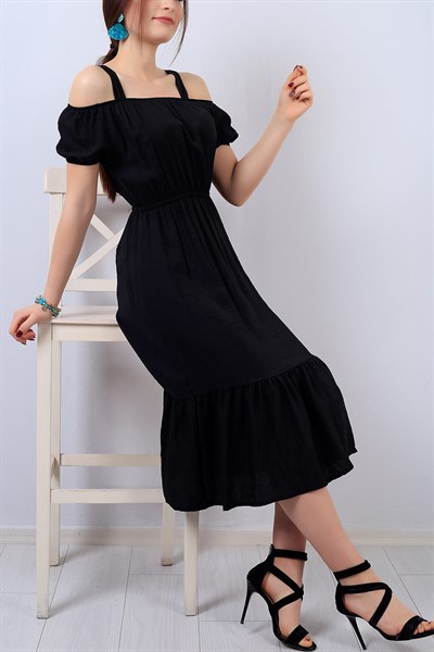 Siyah Bel Lastikli Askılı Bayan Elbise 14596B