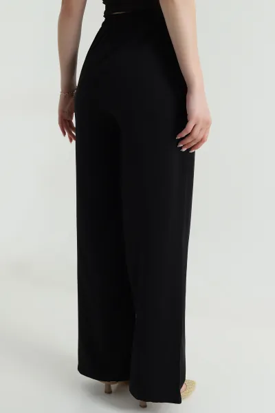 Siyah Bel Lastikli Bol Paça Tencel Kadın Pantolon 479896