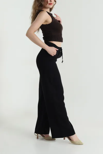 Siyah Bel Lastikli Bol Paça Tencel Kadın Pantolon 479896