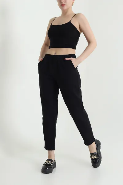 Siyah Bel Lastikli Cep Detay Gabardin Kadın Pantolon 440776
