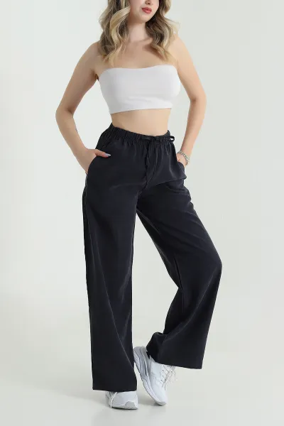 Siyah Bel Lastikli Cepli Tencel Kadın Pantolon 474853