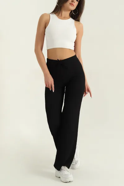 Siyah Bel Lastikli Gofre Kadın Pantolon 370076
