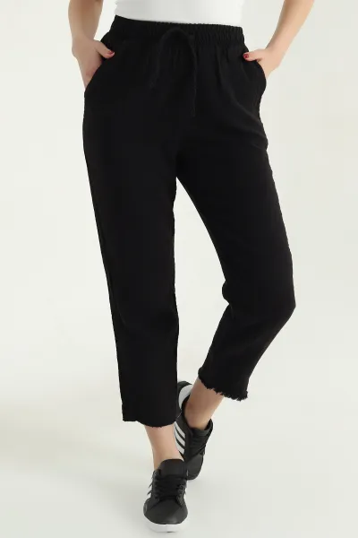 Siyah Bel Lastikli Müslin Keten Pantolon 339870
