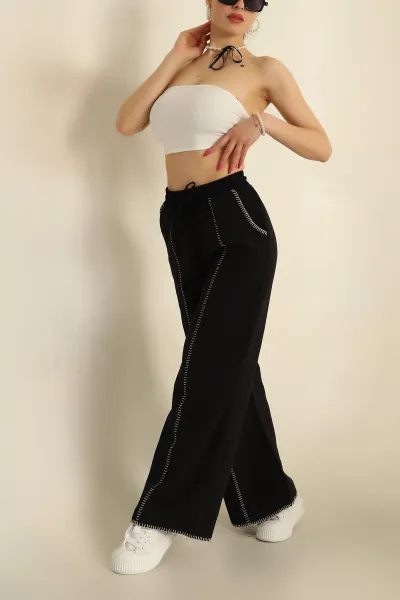 Siyah Bel Lastikli Nakışlı Bol Paça Pantolon 270118
